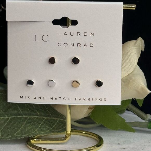 LC Lauren Conrad 3 pairs Gold Silver and Rose Gold Tone Stud Earrings - Picture 4 of 5